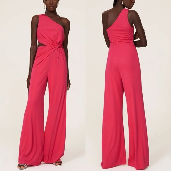 HALSTON Randi Jumpsuit Women 4 One Shoulder Cutout Stretch Knit Pink - Picture 1 of 15